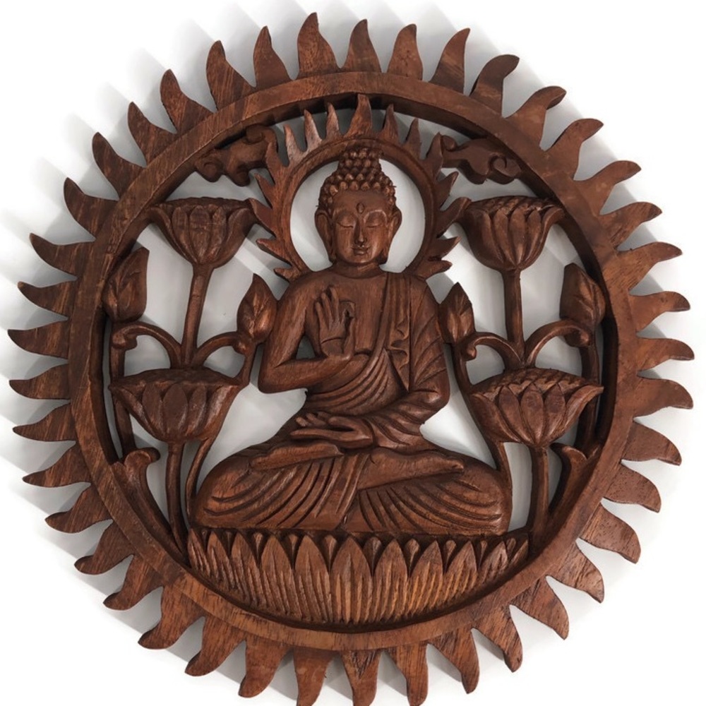 Zen Yoga Sun Carved Wood Panel Wall Plaque Meditation